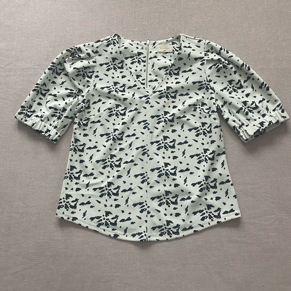 Anthropologie Melloday White and Black Graphic Print Work Coquette Blouse Size S